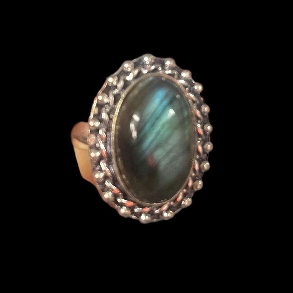 Vintage Style Labradorite Ring Ornate Sterling Silver – Bold Oval Cabochon Sz 8 - Picture 4 of 6